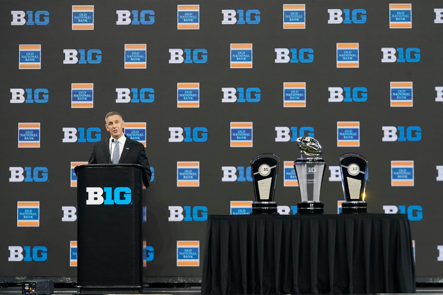 Big Ten Conference Commissioner Tony Petitti speaks during an NCAA college football news conference at the Big Ten Conference media days at Lucas Oil Stadium, Wednesday, July 26, 2023, in Indianapolis. (AP Photo/Darron Cummings)