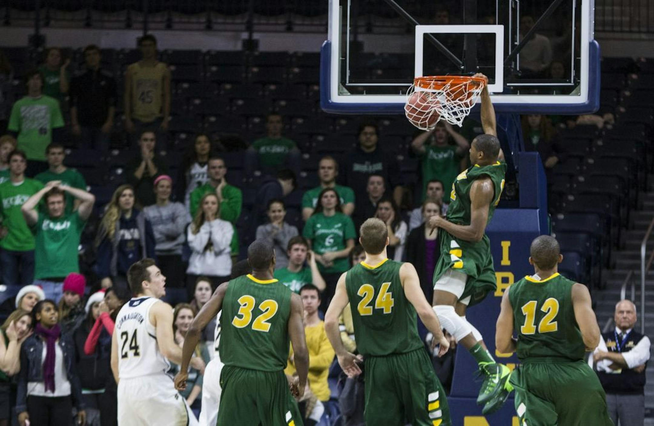 North Dakota State's Kory Brown (22) seals a victory with a dunk as the clock winds down during an NCAA college basketball game, Wednesday, Dec. 11, 2013 in South Bend, Ind.