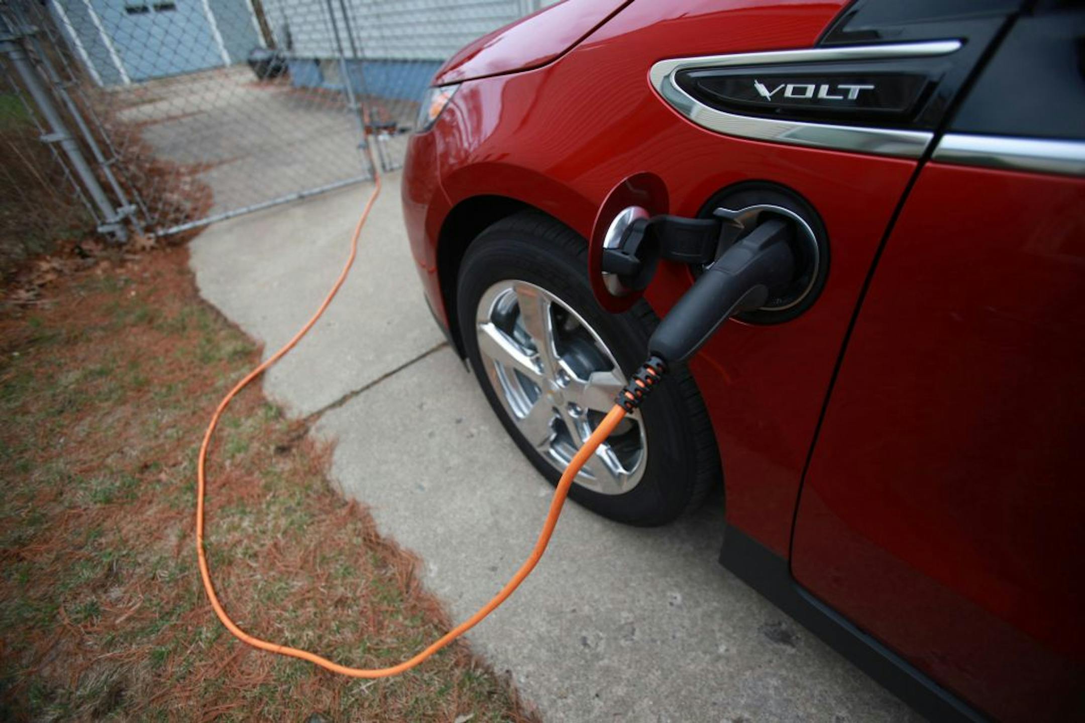 The 2011 Chevrolet Volt plugged into a 120 volt outlet.