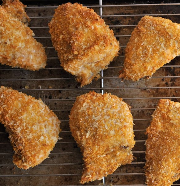 Cornflake-crusted picnic chicken.