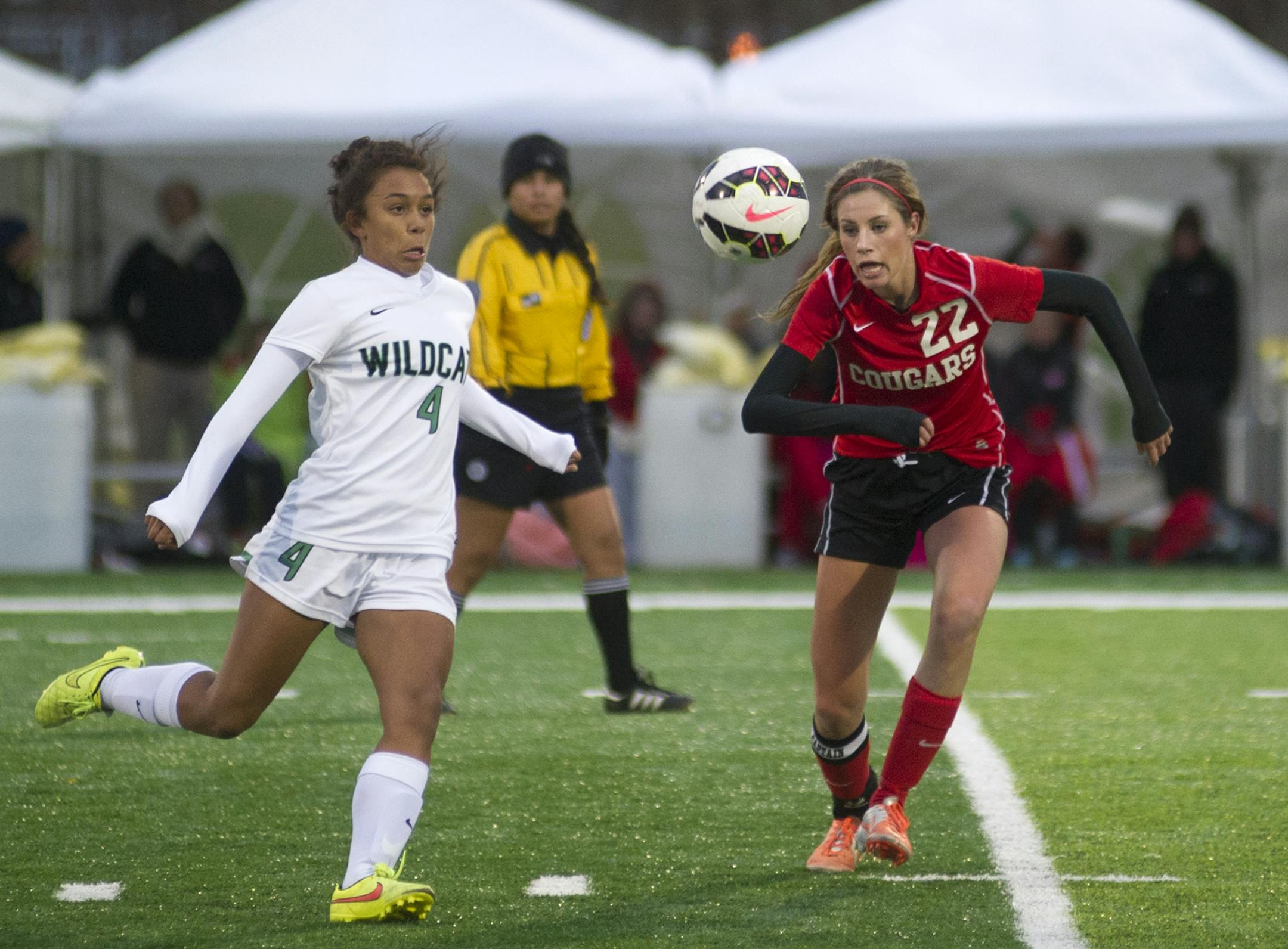 Eagan's Jade King winds up for a kick in front of Centennial's Brianna Bourdage during the second half of the Class 2A girls' soccer state semifinal Tuesday, October 28th, 2014 at Husky Stadium in St. Cloud, MN. ] (Matthew Hintz, 102814, St. Cloud)