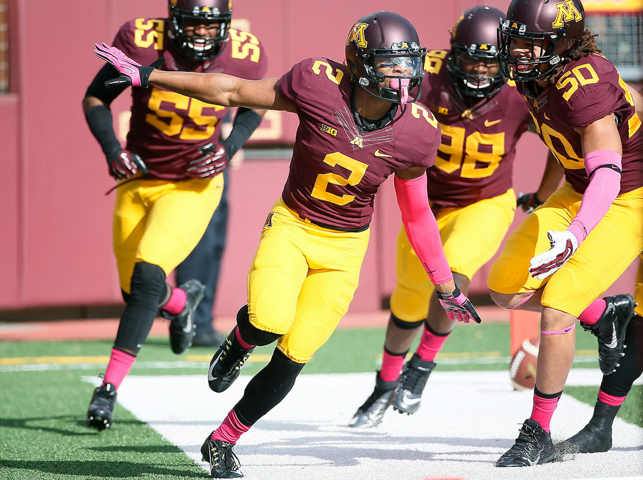 Gophers' defensive back Cedric Thompson (2) celebrated his interception in the first quarter as the Minnesota Gophers took on the Purdue Boilermakers, Saturday, October 18, 2014 at TCF Stadium in Minneapolis, MN. ] (ELIZABETH FLORES/STAR TRIBUNE) ELIZABETH FLORES • eflores@startribune.com