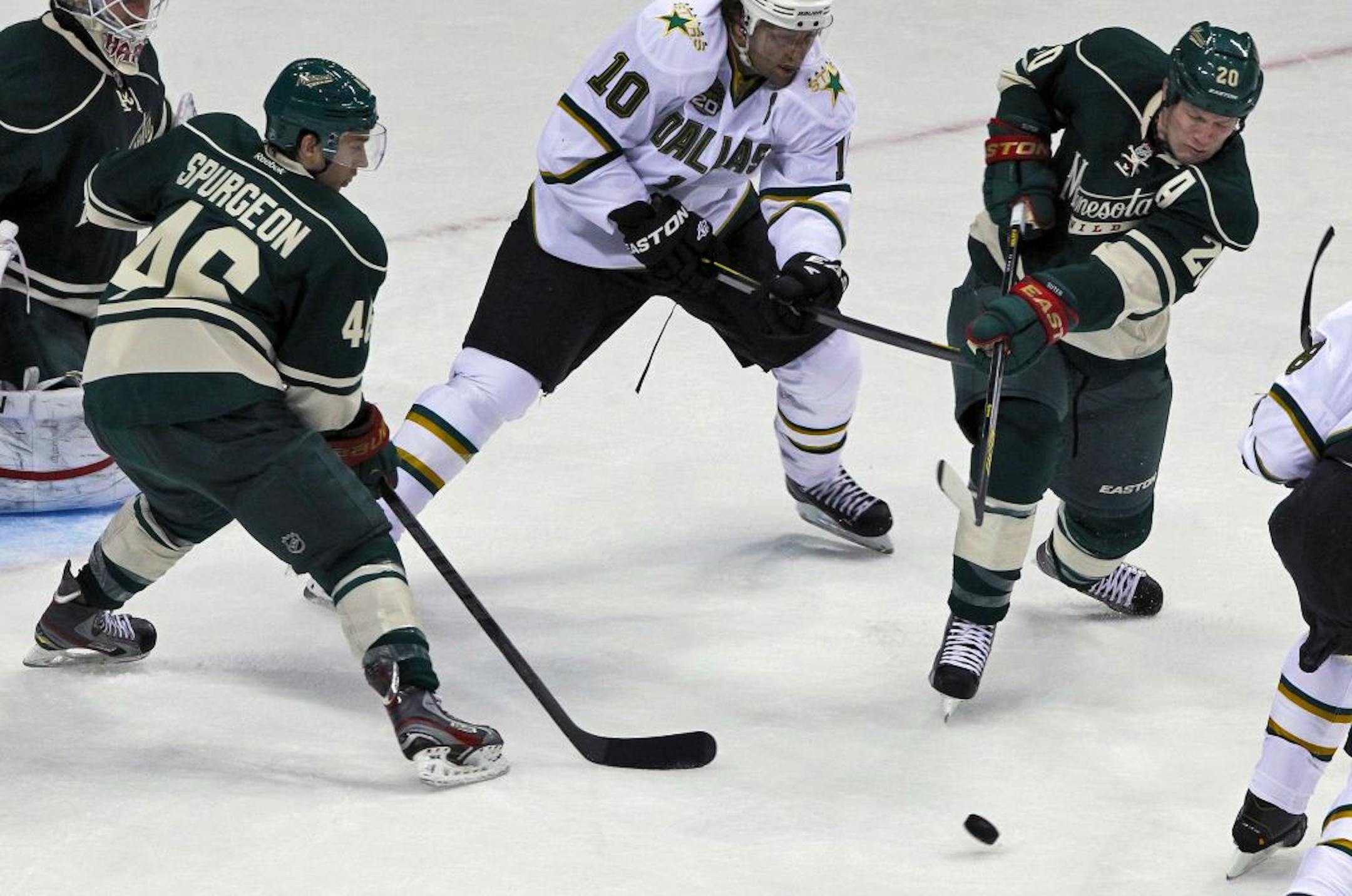 Ryan Suter, right, and his new defensive partner Jared Spurgeon, left, helped the Wild shut out Dallas 1-0 on Sunday. But tonight, Suter faces his old team — the Nashville Predators — and his old partner on the blue line — All-Star Shea Weber. "There will be a lot of emotions for that game,'' Suter said.