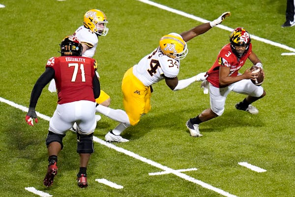 Gophers defensive end Boye Mafe leads the Big Ten with 3.5 sacks, including one on which he broke free and dragged down Maryland quarterback Taulia Ta