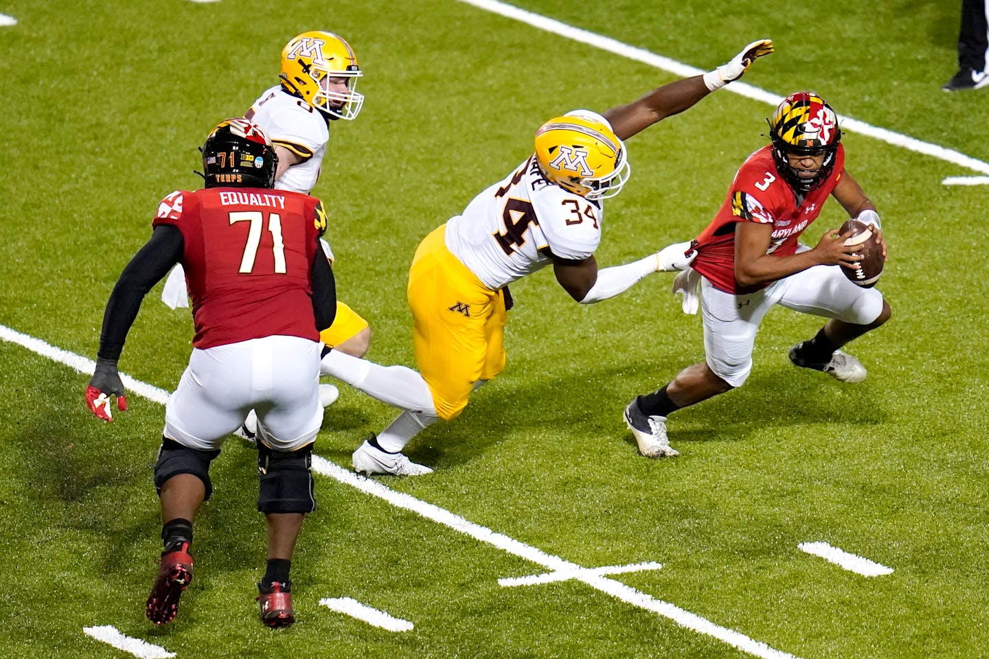 Gophers defensive end Boye Mafe leads the Big Ten with 3.5 sacks, including one on which he broke free and dragged down Maryland quarterback Taulia Tagovailoa during the second half of the Gophers' Week 2 loss to the Terrapins.