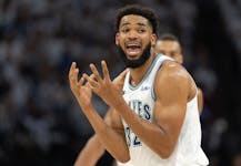 The Wolves' Karl-Anthony Towns reacts after having a basket overturned because of offensive goaltending in the fourth quarter of Game 1 of the Western