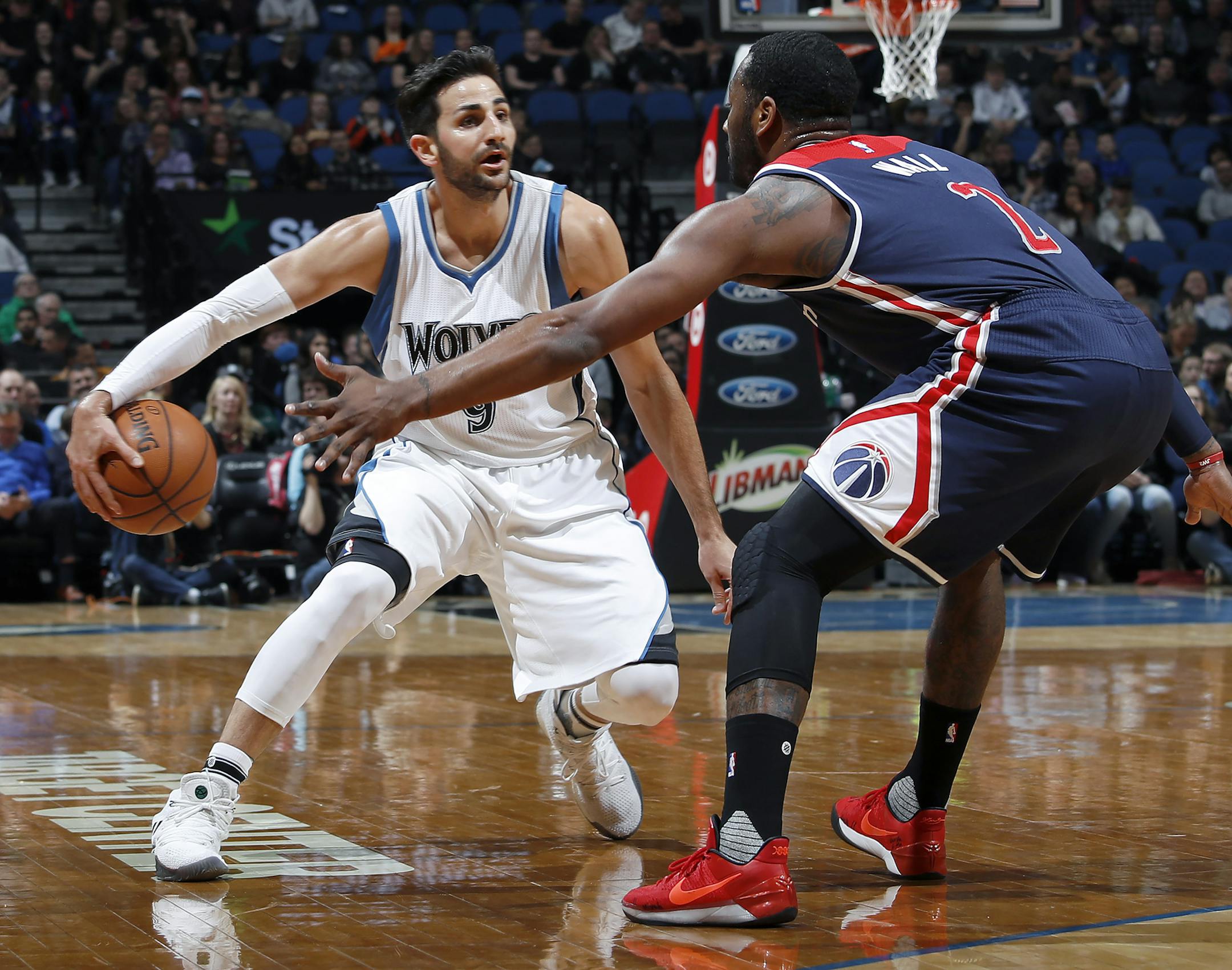 Ricky Rubio (9) was defended by John Wall (2) in the first quarter. ] CARLOS GONZALEZ &#xef; cgonzalez@startribune.com - March 13, 2017, Minneapolis, MN, Target Center, NBA Basketball, Minnesota Timberwolves vs. Washington Wizards