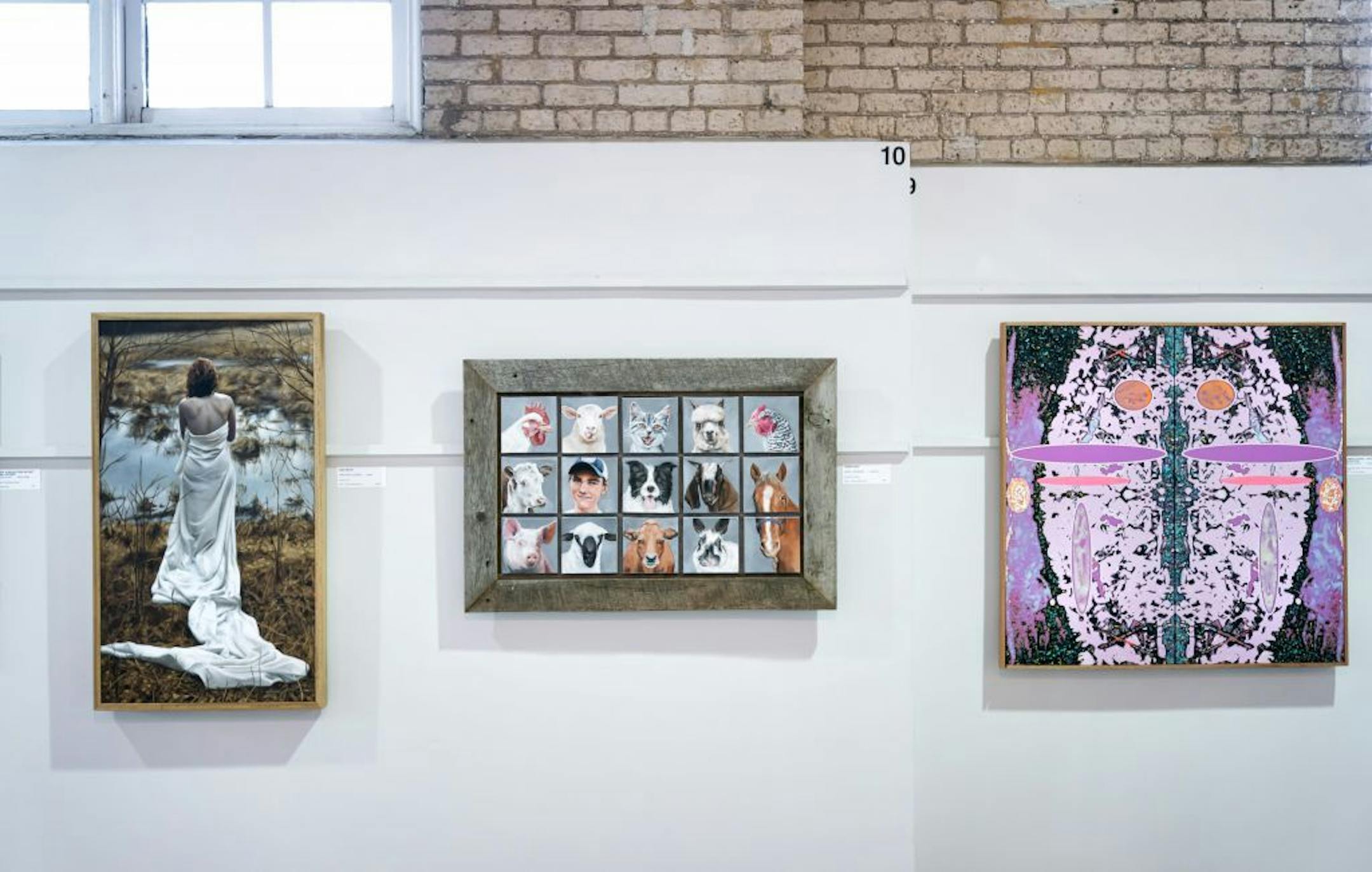 And Water by Andy Paul Sjodin, oil on lines; Farm Faces by Jean L Johnson, acrylic on canvas; Common Origins-Spatial Refraction by Martin Dewitt, altered digital image, latex enamel, acrylic on canvas.