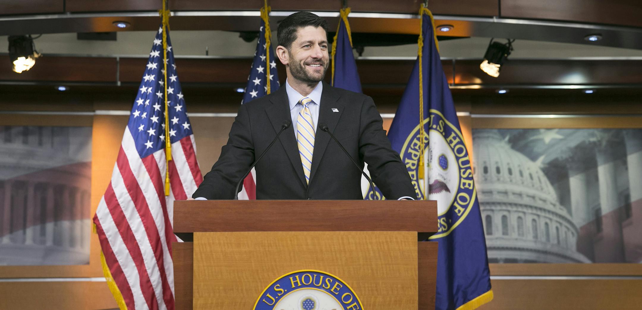 House Speaker Paul Ryan of Wis. meets with reporters on Capitol Hill in Washington, Thursday, Dec. 10, 2015. White House and congressional negotiators searched for compromise Thursday on huge tax and spending bills with a combined price tag of well over $1 trillion, with leaders hoping to clinch agreements and let Congress adjourn for the year next week. "Not everybody gets what you want when you negotiate in divided government," Ryan told journalists, a nod toward the tough bargaining so far be