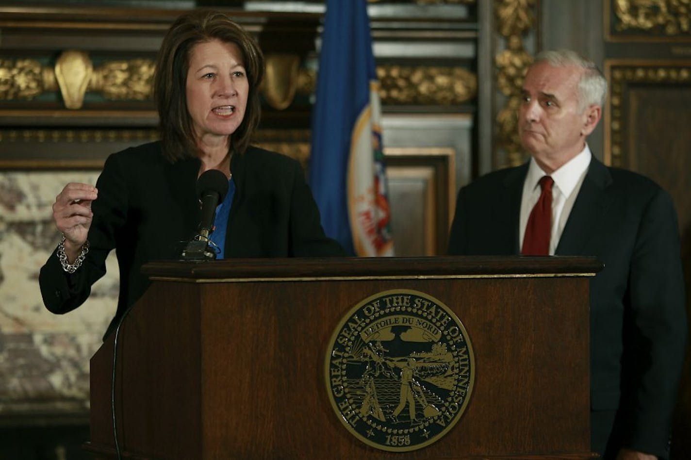 Gov. Mark Dayton and Minnesota Department of Human Services Commissioner Lucinda Jesson.