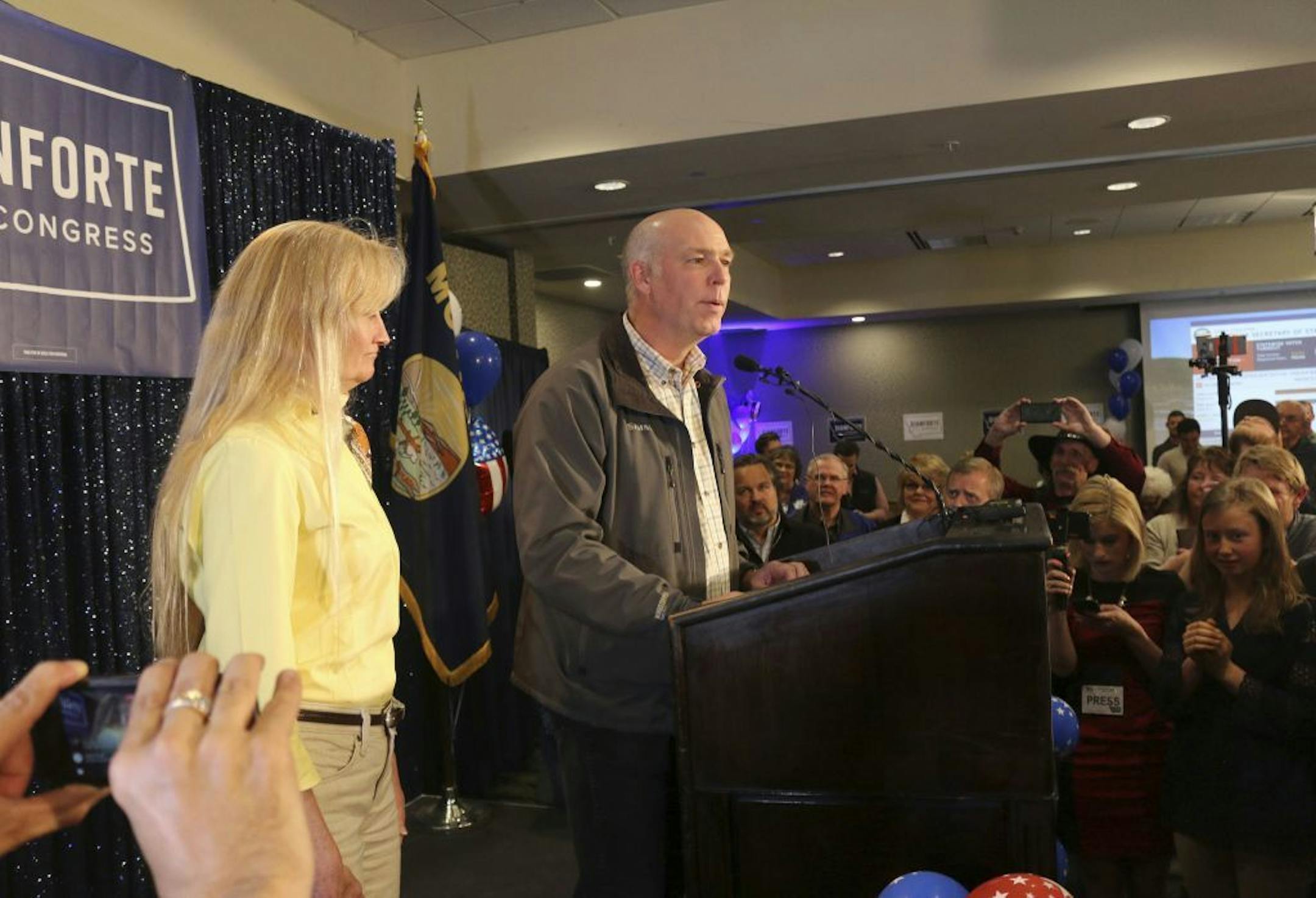 Republican Greg Gianforte addresses supporters at a hotel ballroom after winning Montana's sole congressional seat, in Bozeman, Mont., Thursday, May 25, 2017. In his speech, Gianforte apologized for a altercation at his campaign headquarters with a reporter on the eve of the special election. The altercation led to a misdemeanor assault citation.