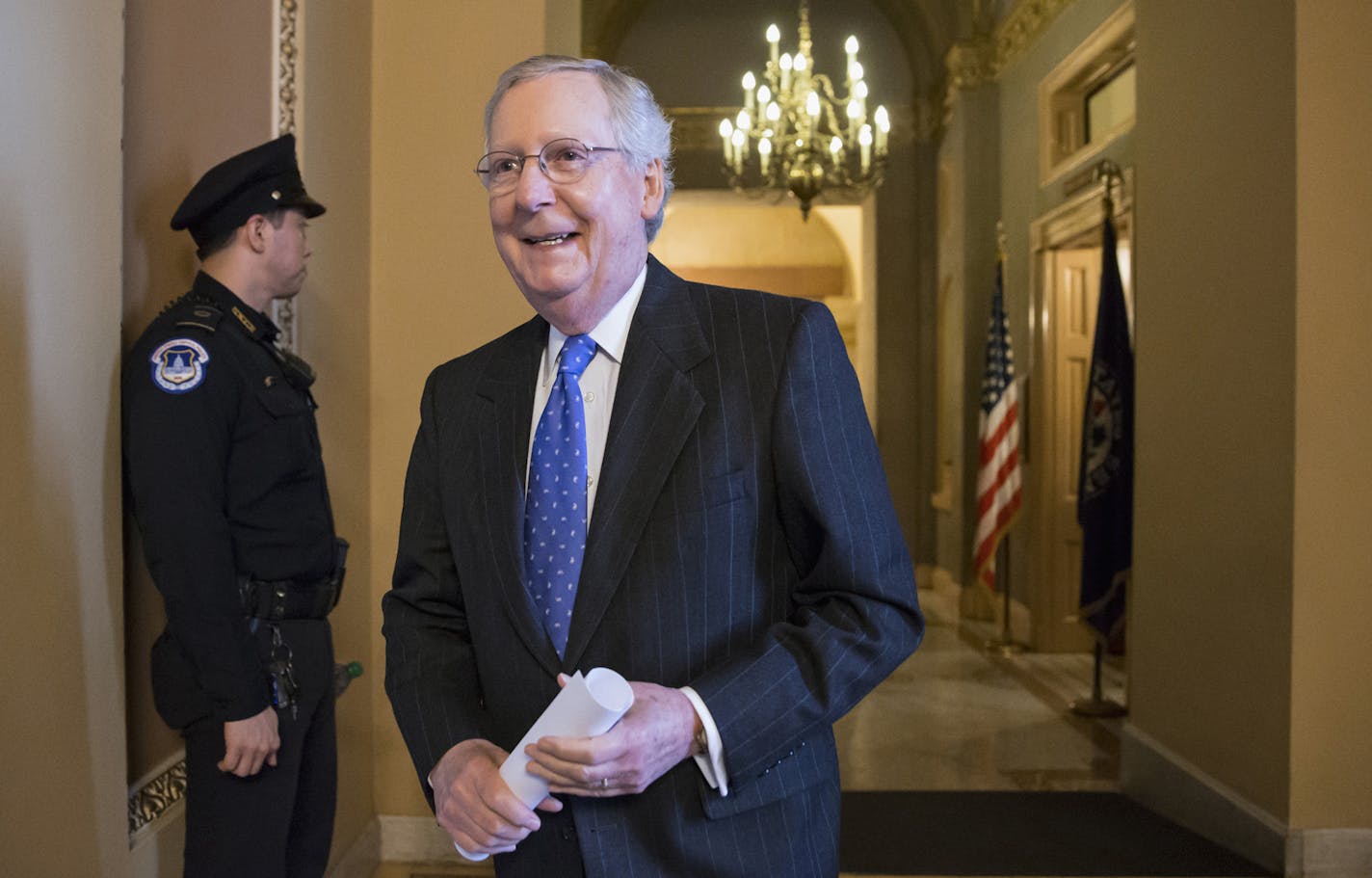 Senate Majority Leader Mitch McConnell of Ky. walks to a closed-door GOP policy lunch on Capitol Hill in Washington, Tuesday, Feb. 23, 2016. Senate Republicans, most vocally Senator McConnell, are facing a high-stakes political showdown with President Barack Obama sparked by the recent death of Supreme Court Justice Antonin Scalia. Republicans controlling the Senate &#xf3; which must confirm any Obama appointee before the individual is seated on the court &#xf3; say that the decision is too impo