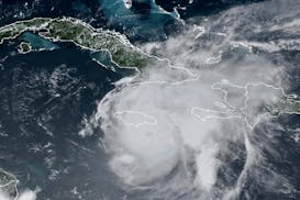 This GOES-East GeoColor satellite image taken at 1:20 p.m. EDT, and provided by NOAA, shows Hurricane Beryl moving toward Jamaica, Wednesday, July 3, 