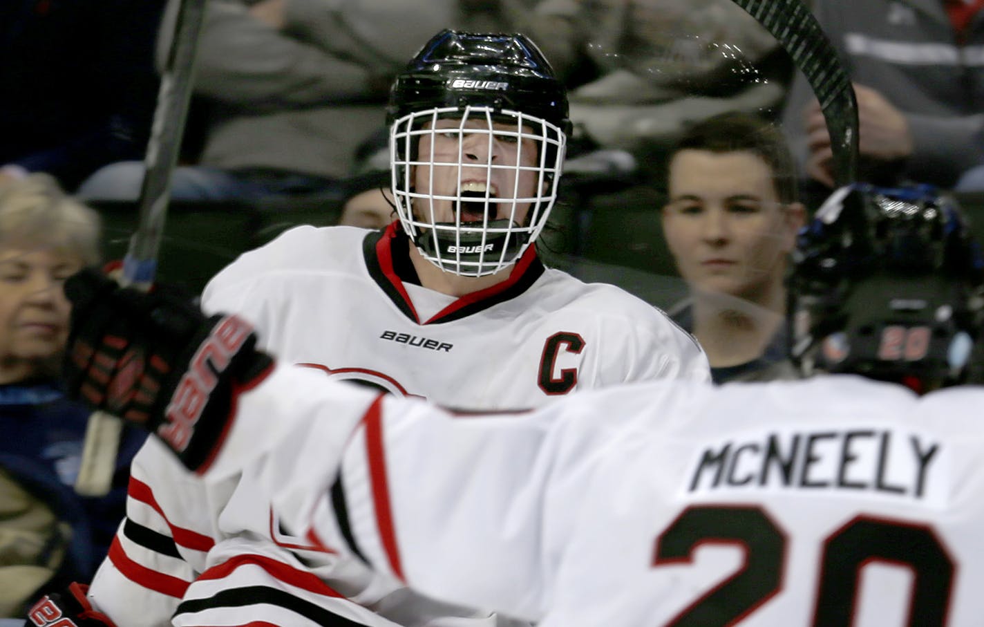 Jack Poehling (3) of Lakeville North celebrated after scoring a goal in the second period. ] CARLOS GONZALEZ cgonzalez@startribune.com, March 5, 2015, St. Paul, MN, Xcel Energy Center, Minnesota boys hockey state tournament quarterfinals, Class 2A, Hill Murray vs. Lakeville North