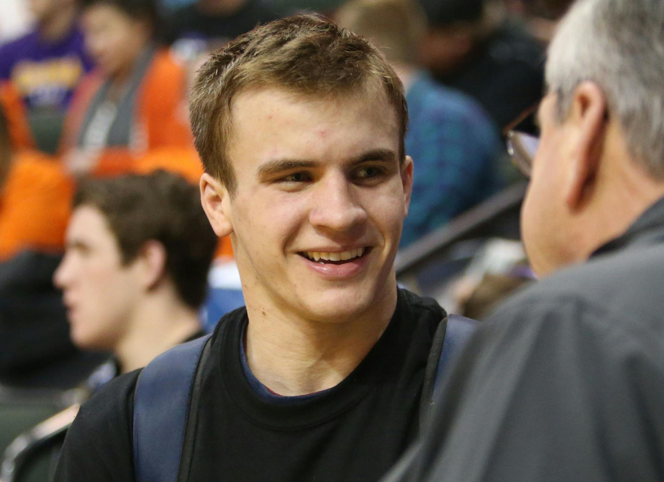 In 3A at 152 poutnds, Brenden Olevson of Chanhassen following his In 3A 152 poutnds win over Travis White of Northfield during the Minnesota State Wrestling tournament for 1A, 2A and 3A at the Xcel Energy Center Friday, Feb. 26, in 2016, in St. Paul, MN. Here, ](DAVID JOLES/STARTRIBUNE)djoles@startribune.com