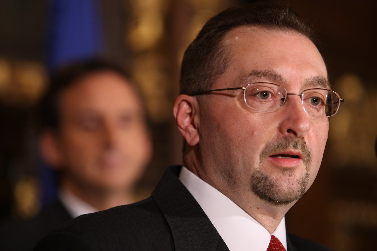 With the governor standing behind him, new transportation commissioner Tom Sorel answered questions at a news conference in the Governor's Reception Room at the State Capitol Monday morning.