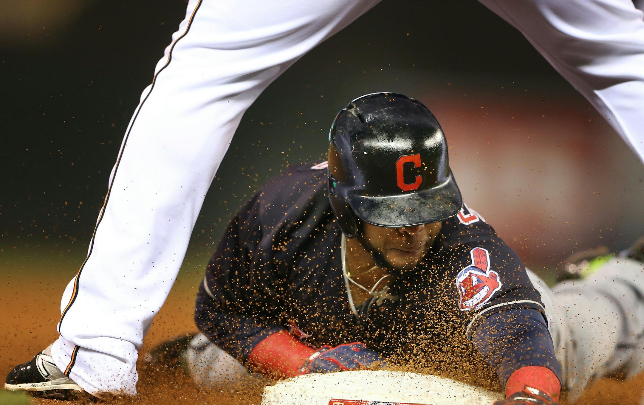 Cleveland Indians designated hitter Carlos Santana (41) is safe at third on a fly ball in the sixth inning at Target Field Tuesday April 25, 2016 Minneapolis, MN.] The Minnesota Twins hosted the Cleveland Indians Tuesday night at Target Field. Jerry Holt /Jerry.Holt@Startribune.com