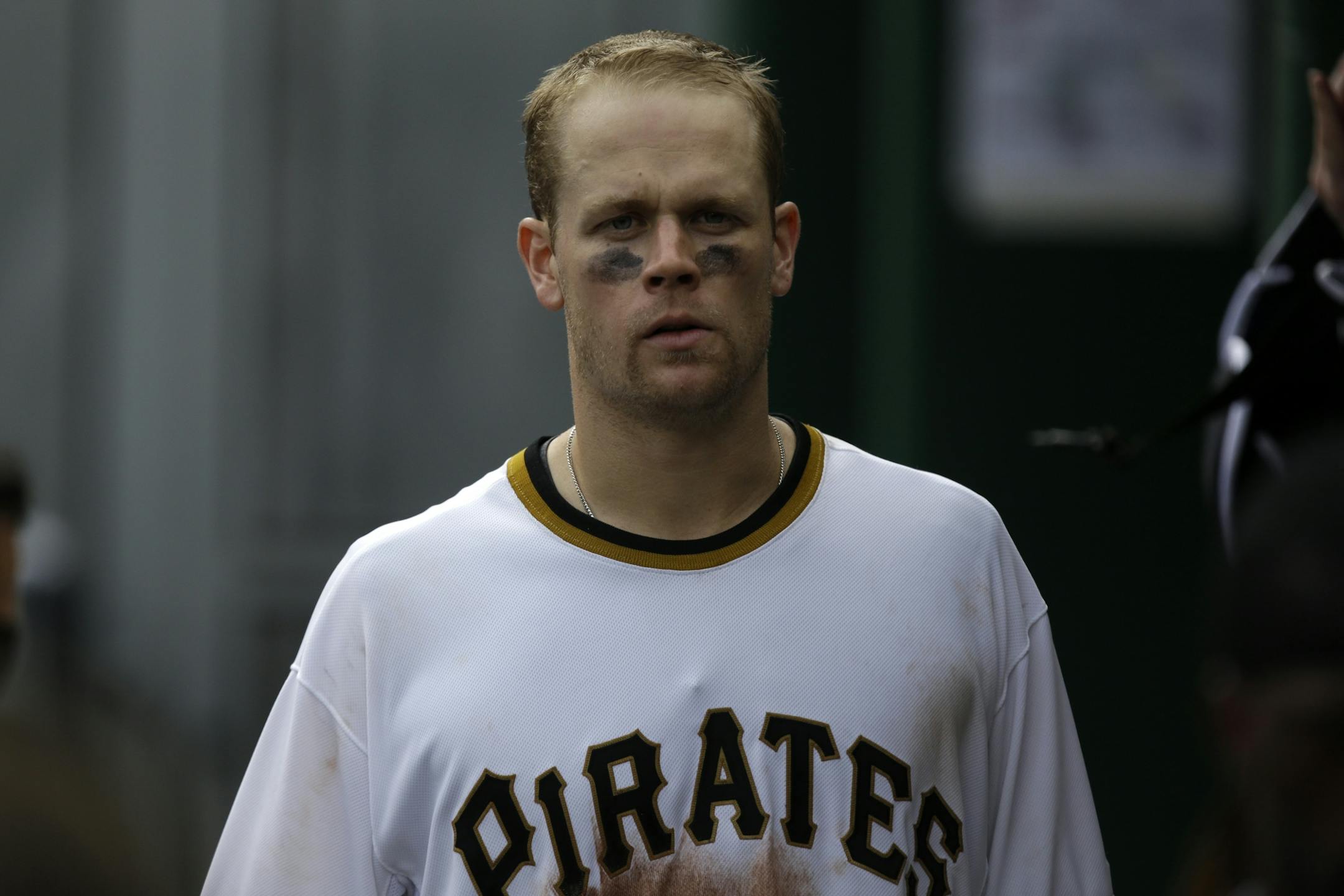 Pittsburgh Pirates Justin Morneau walks in the dugout during a baseball game against the St. Louis Cardinals in Pittsburgh Sunday, Sept. 1, 2013. The Cardinals won 7-2.