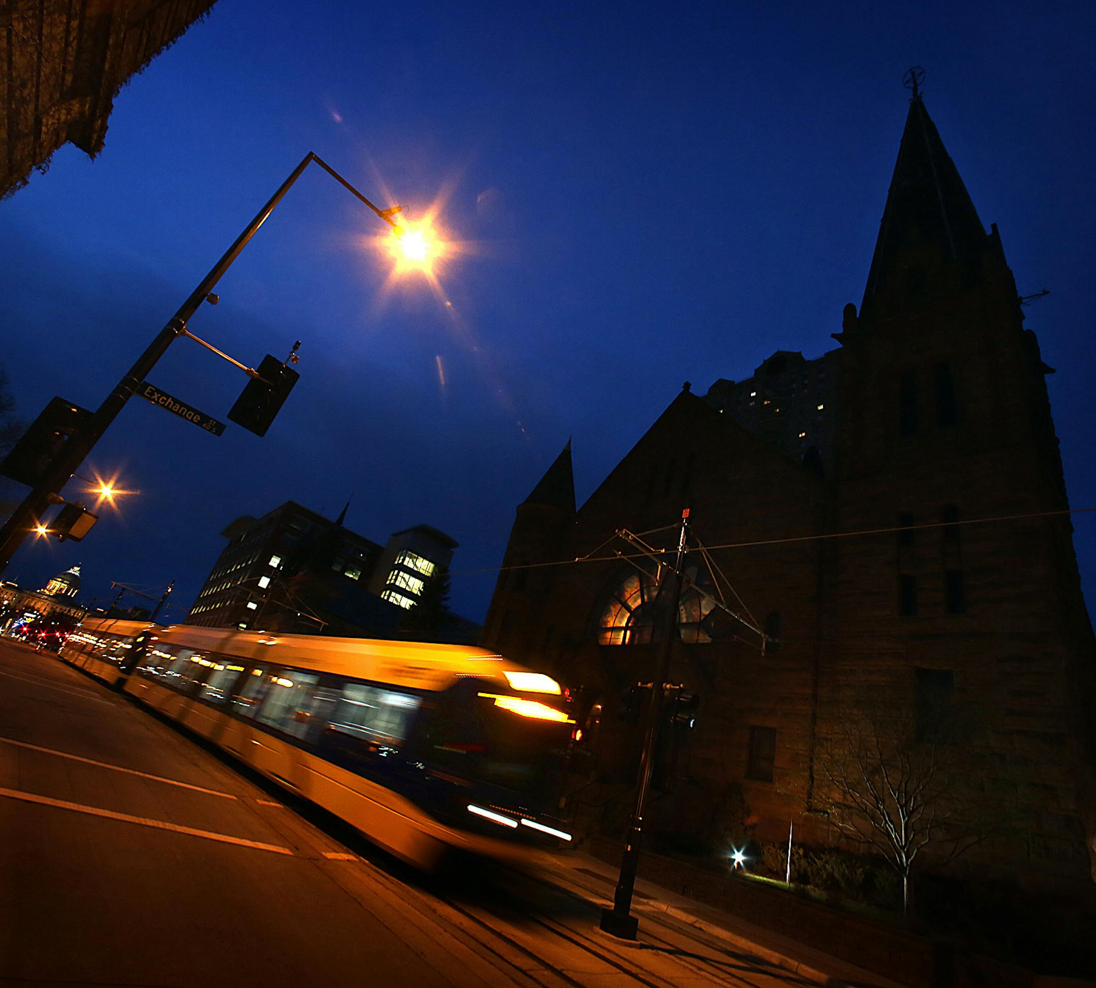 A test train returned to St. Paul along Cedar Street after making a trip to Minneapolis along the new Green Line. ] JIM GEHRZ ‚Ä¢ jgehrz@startribune.com / Minneapolis, MN / May 13 , 2014 / 8:30 PM / BACKGROUND INFORMATION: The newly constructed Metro Transit Green Line is the largest public works project in state history. The line, which begins operation for the public on June 14, connects downtown St. Paul and downtown Minneapolis along an 8-mile light rail line.