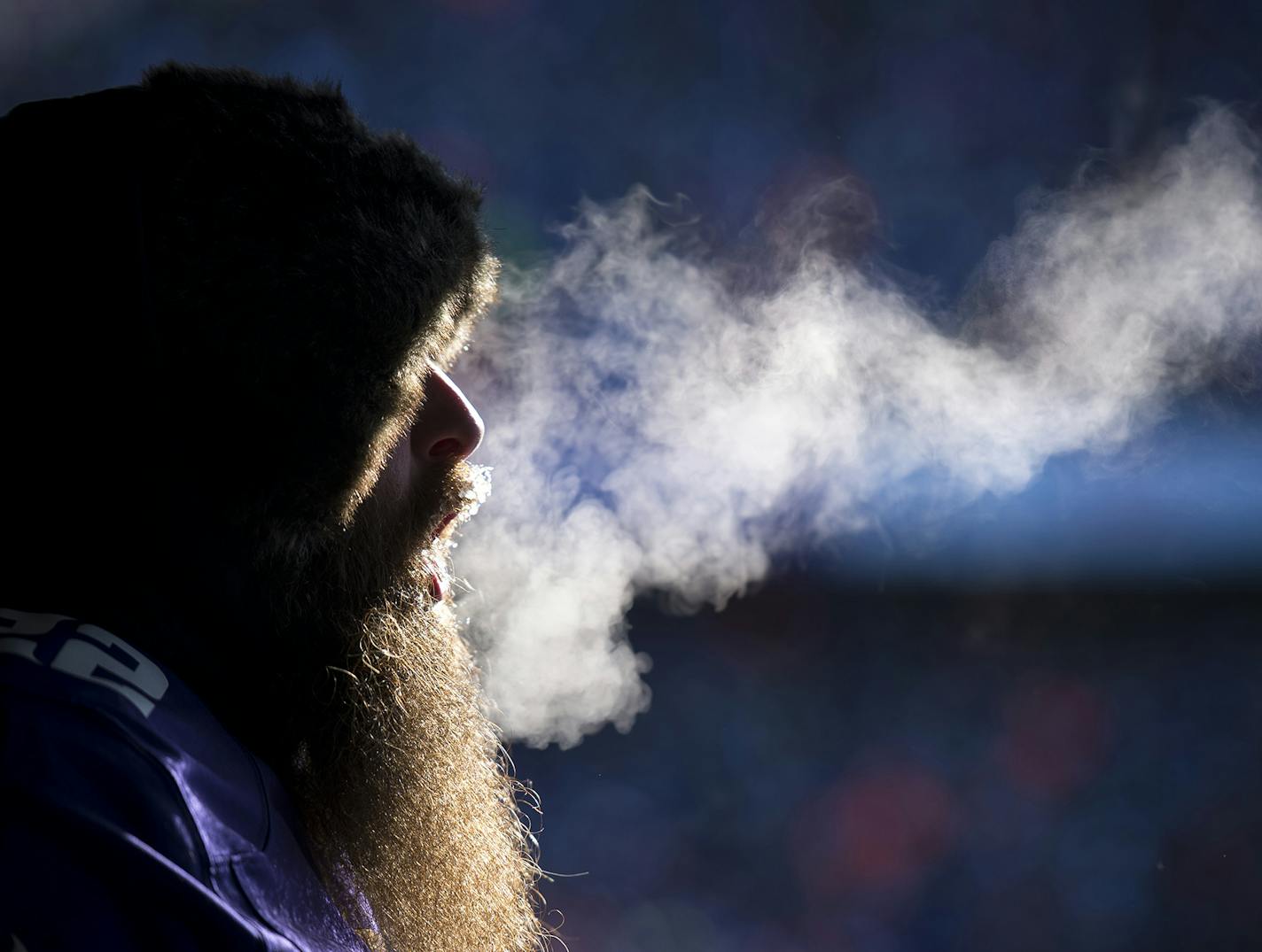 Troy Steinkamp, of Adams, Minn., cheered for the Vikings in sub-zero temperatures at the start of second quarter Sunday. ] (AARON LAVINSKY/STAR TRIBUNE) aaron.lavinsky@startribune.com The Minnesota Vikings played the Seattle Seahawks in the Wild-Card round of the NFL Playoffs on Sunday, Jan. 10, 2016 at TCF Bank Stadium in Minneapolis, Minn. ORG XMIT: MIN1601101343372206