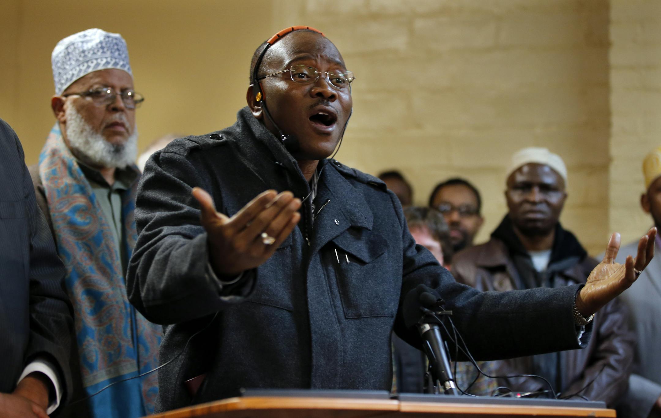At the Islamic Civic Society of America- Dar Al-Hijrah Mosque, Imaam Mohammed Dukuly of Masjid Al Ansar with the Somali American Task Force addressed a recent fear mongering video by Al-Shabab .] Richard Tsong-Taatarii/rtsong-taatarii@startribune.com