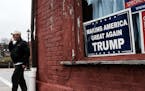 A Donald Trump sign hangs in the window in the town of Waynesburg near the West Virginia border on March 1, 2018 in Waynesburg, Pennsylvania. Waynesbu