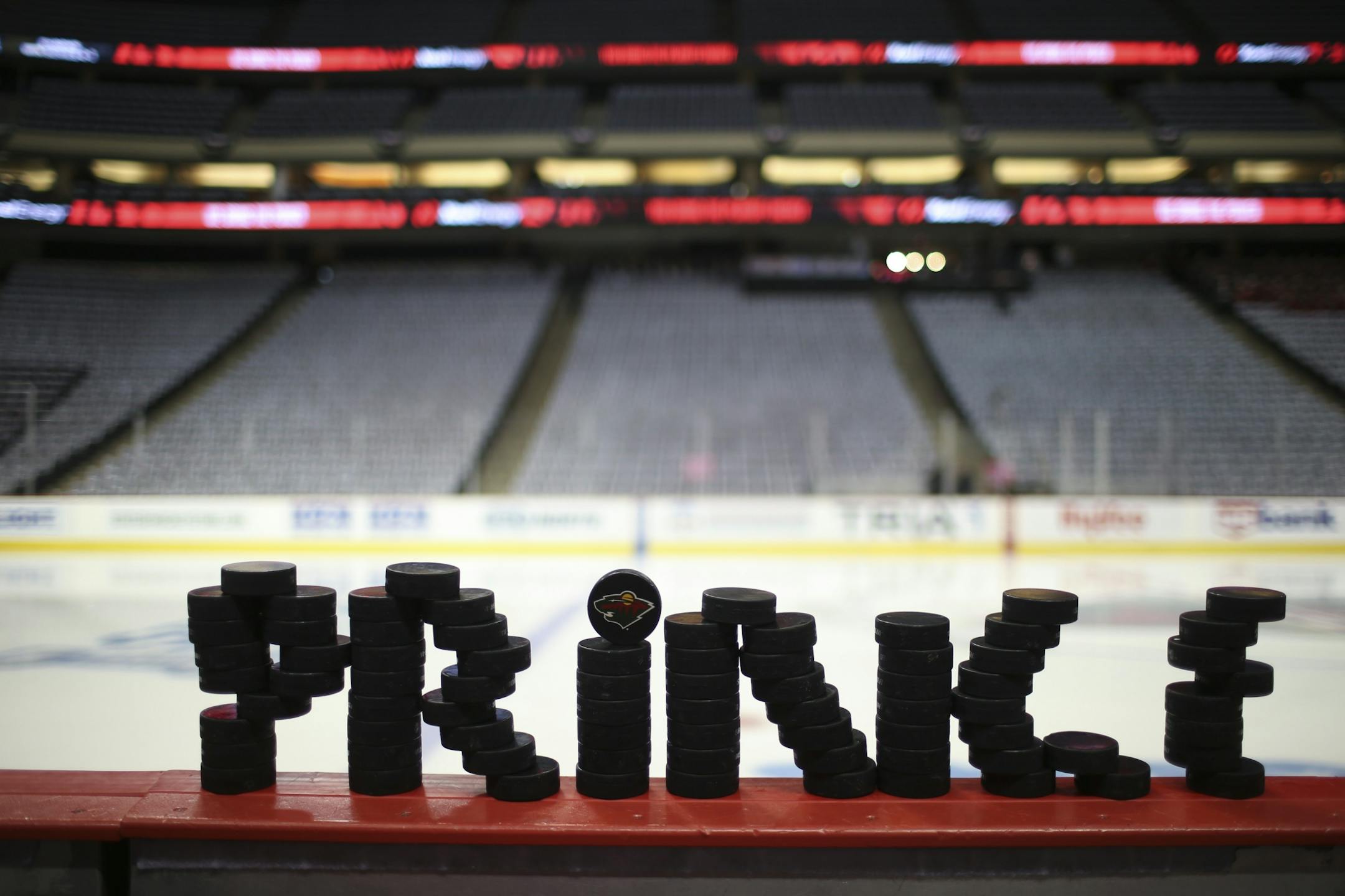 Pucks were stacked for the Wild's pregame warmups at Xcel Energy Center in St. Paul.