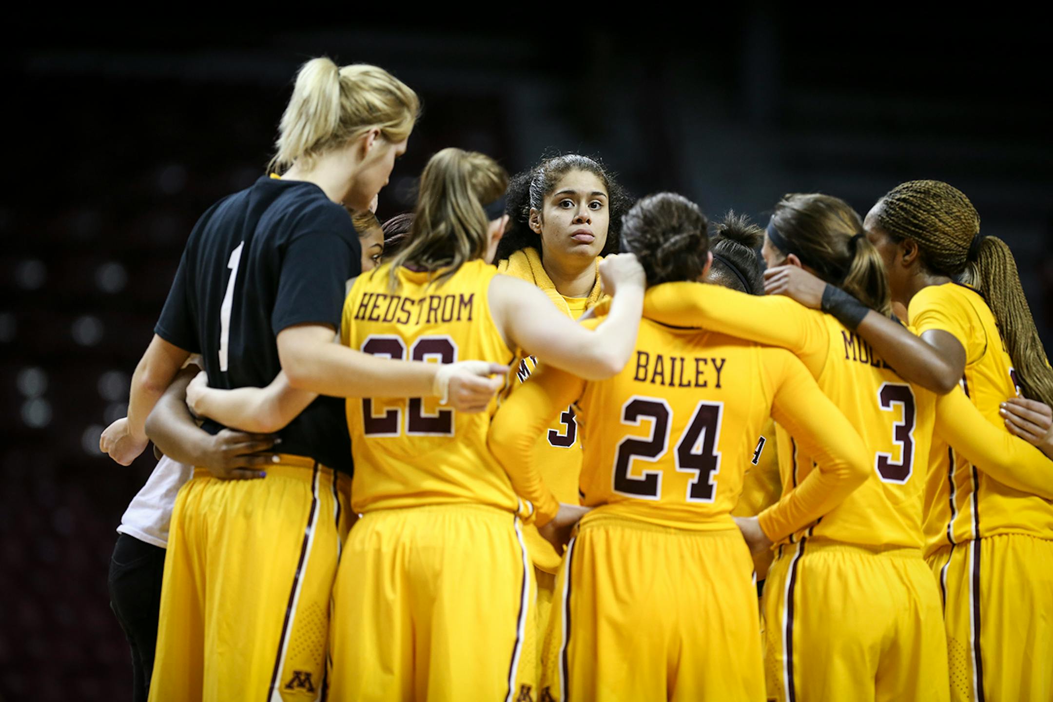 The Gophers after they lost in overtime. ] RENEE JONES SCHNEIDER • reneejones@startribune.com Minnesota Gophers women's basketball verse. Purdue Boilermakers at Williams Arena at the University of Minnesota on Thursday, January 22, 2015 in Minneapolis, Minn.