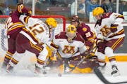 Gophers goalie Skylar Vetter made a save in a 5-3 victory against Minnesota Duluth on Nov. 5 at Ridder Arena. Minnesota plays St. Cloud State this wee