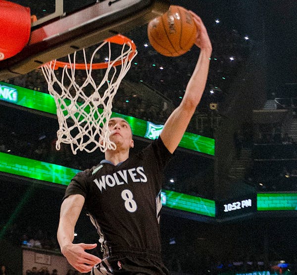 Minnesota Timberwolves Zach LaVine competes during the NBA All-Star Saturday Slam Dunk contest Saturday, Feb. 14, 2015, in New York. (AP Photo/Frank F