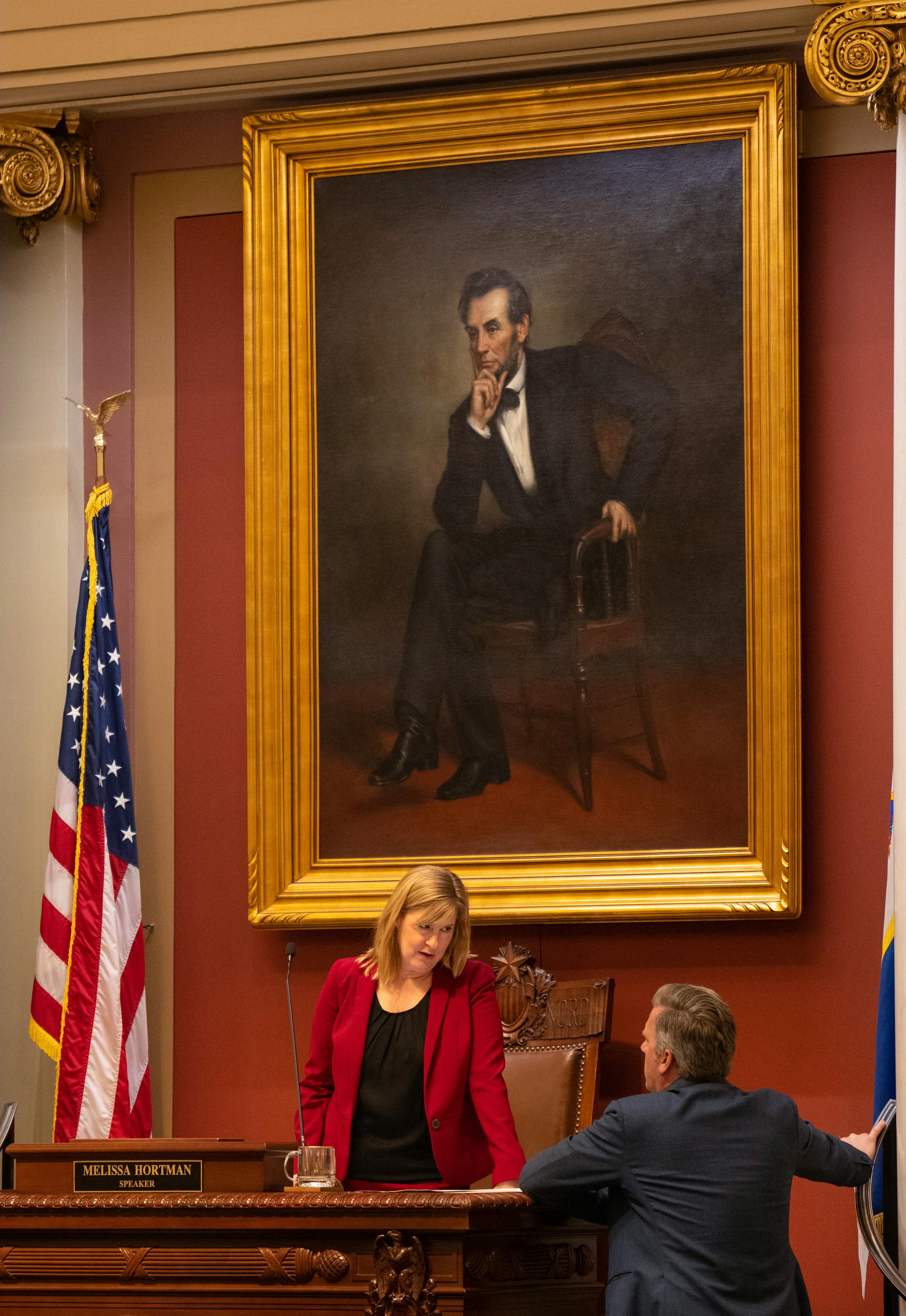 House Speaker Melissa Hortman, DFL, 34B, Brooklyn Park, conferred with Kurt Daudt, R, 27B, Crown, while discussion took place of a bill to fund nursing homes.