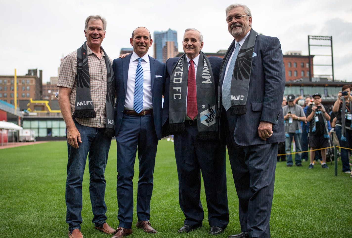 From left, St. Paul Mayor Chris Coleman, MLS Soccer Commissioner Don Garber, Minnesota Governor Mark Dayton and Minnesota United majority owner Dr. William McGuire posed for a photo before Friday night's announcement of United FC's move to the MLS. ] (AARON LAVINSKY/STAR TRIBUNE) aaron.lavinsky@startribune.com Major League Soccer Commissioner Don Garber, Minnesota United majority owner Dr. William McGuire, Minnesota Governor Mark Dayton and St. Paul Mayor Chris Coleman took part in an event anno