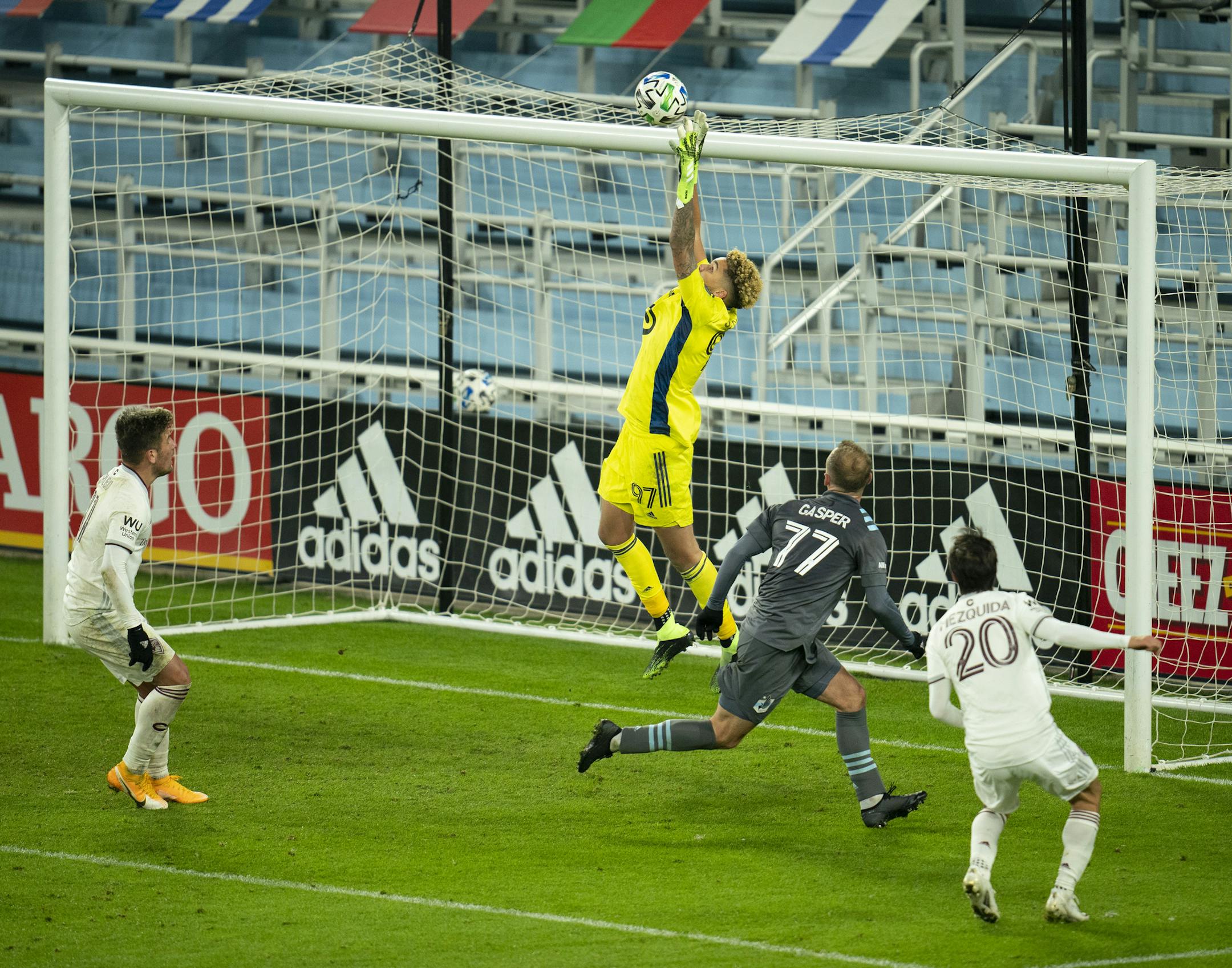 Minnesota United goalkeeper Dayne St. Clair leapt to grab a second half corner kick last month.