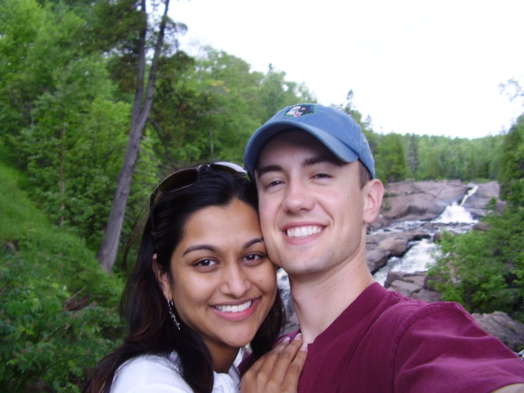 Newlyweds Radhika and Seth Snyder posed for a selfie near the North Shore in the summer of 2006.