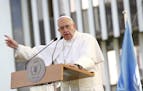 Pope Francis delivers his speech during a visit to the United Nations World Food Program headquarters in Rome, Monday, June 13, 2016. Pope Francis sai