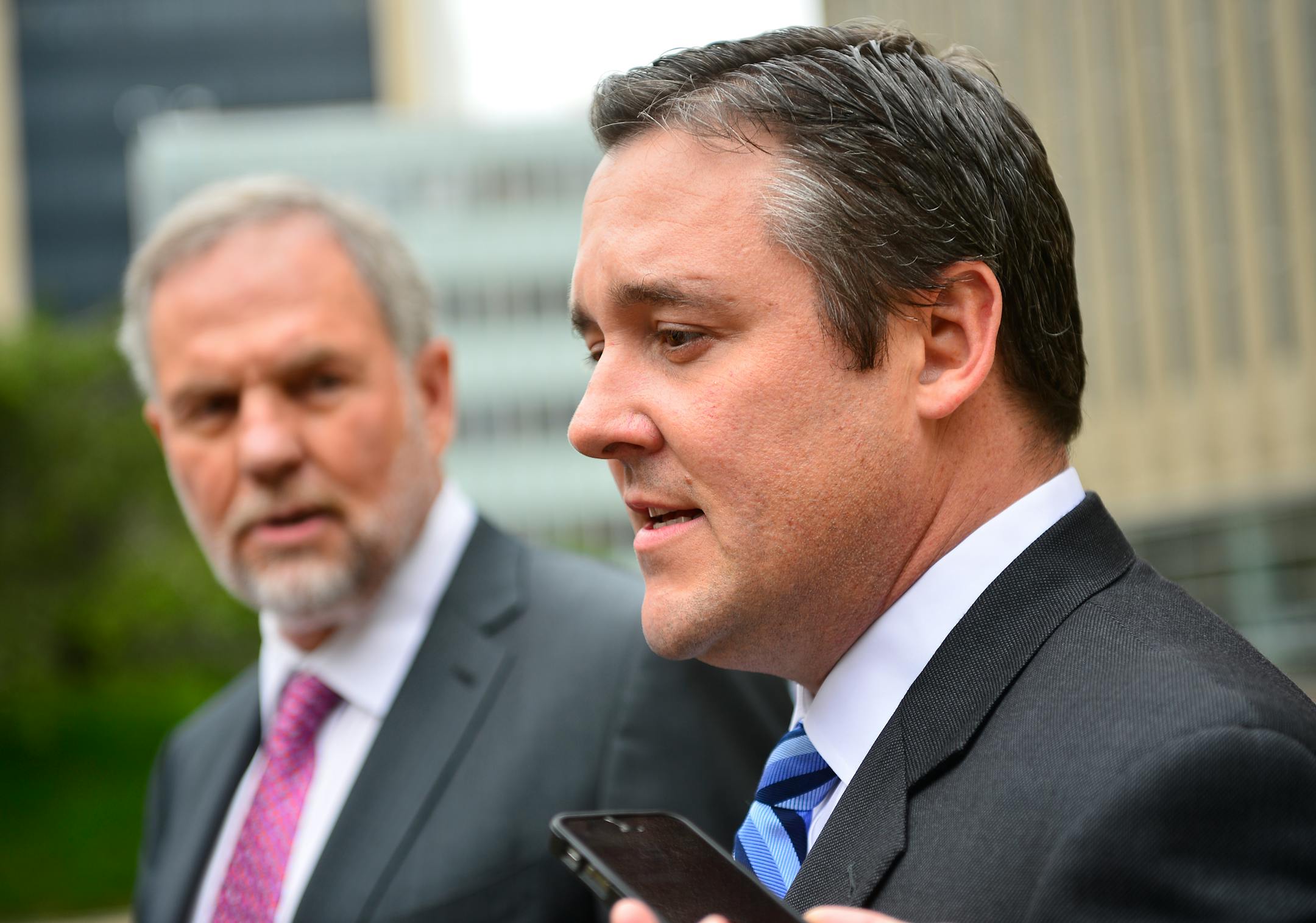 John C. Conard, attorney for former Starkey President Jerry Ruzicka, spoke to the media in September.