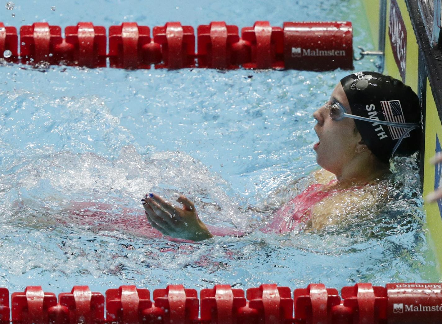 United States' Regan Smith reacts after her backstroke leg in the women's 4x100m medley relay final at the World Swimming Championships in Gwangju, South Korea, Sunday, July 28, 2019. (AP Photo/Mark Schiefelbein)