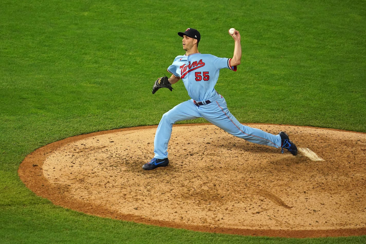 Minnesota Twins relief pitcher Taylor Rogers (55) delivered a pitch in the ninth inning. ] ANTHONY SOUFFLE • anthony.souffle@startribune.com The Minnesota Twins played the Cleveland Indians in the second game of a three game MLB series Saturday, Sept. 12, 2020 at Target Field in Minneapolis.