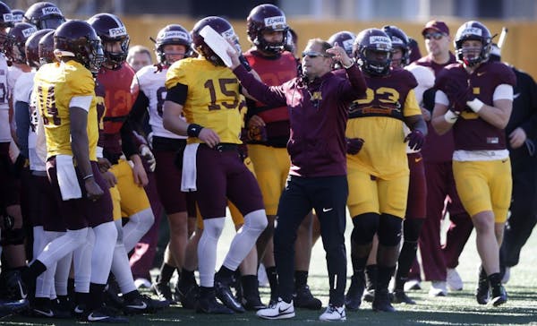 Gophers football coach P.J. Fleck took his team outside during football practice on March 21.