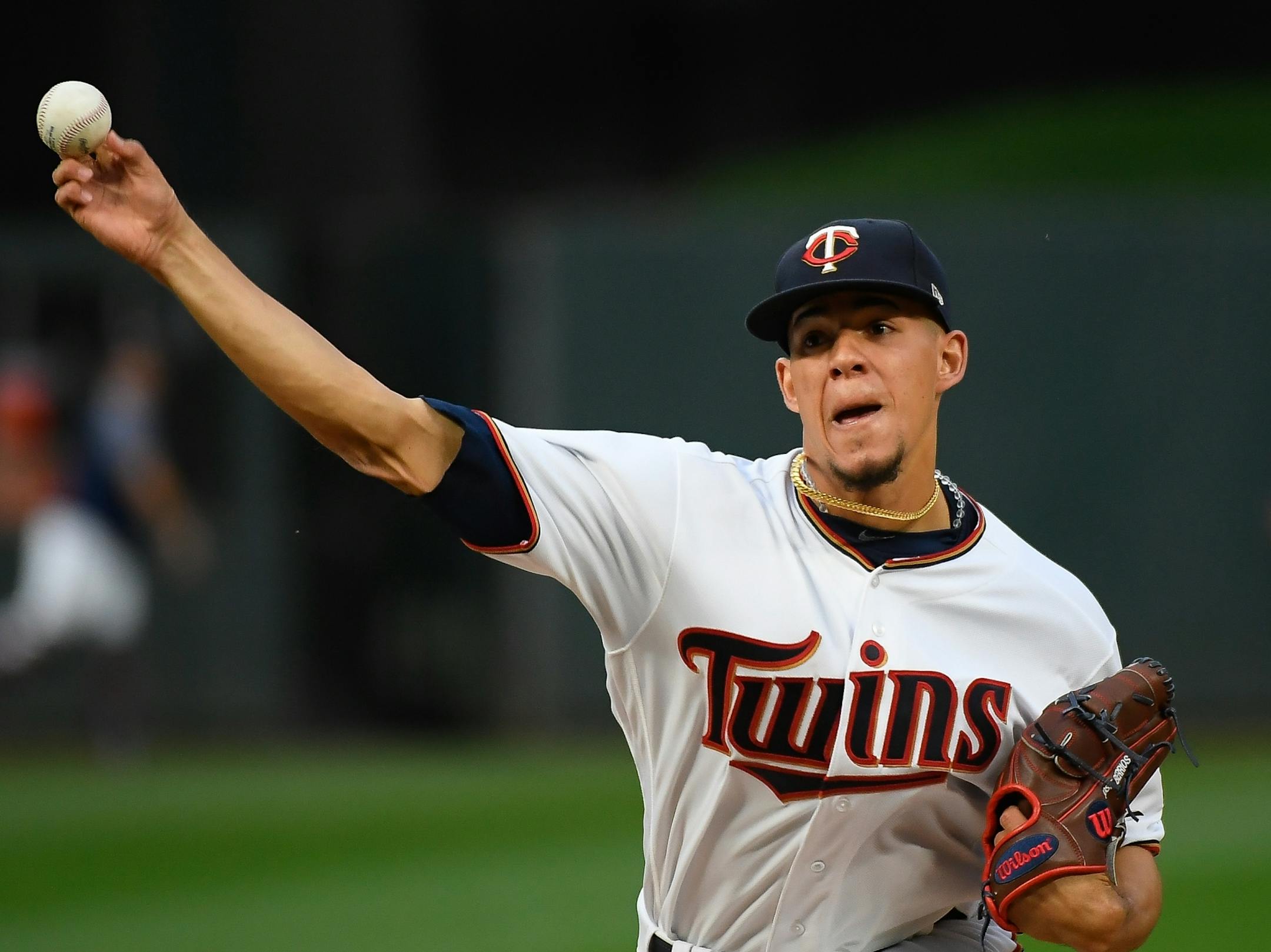 Minnesota Twins starting pitcher Jose Berrios (17) threw a pitch between innings during Tuesday night's game against the Houston Astros.