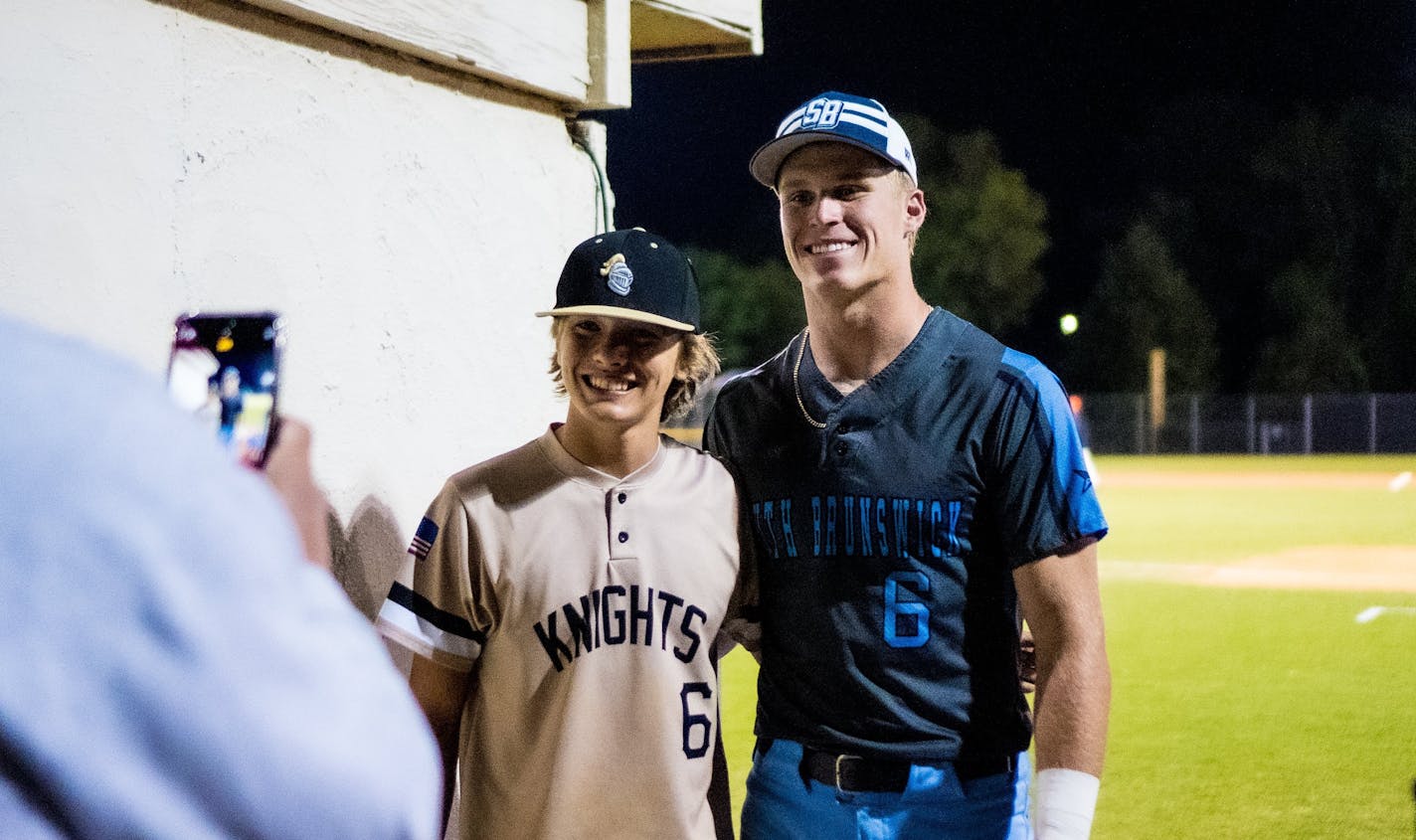 Walker Jenkins of South Brunswick spending time with fans following a game at New Hanover High School on April 18, 2023. The Twins drafted Jenkins No. 5 overall in the 2023 MLB amateur draft. (Photo: Evan Moesta/HighSchoolOT)