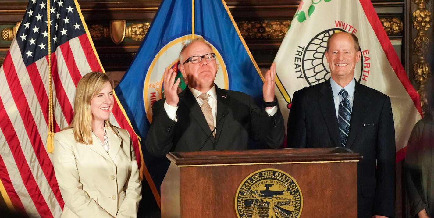 Governor Tim Walz, Senate Majority Leader Paul Gazelka and House Speaker Melissa Hortman held a press conference Sunday night to announce a budget agreement. ] GLEN STUBBE • glen.stubbe@startribune.com Sunday, May 19, 2019