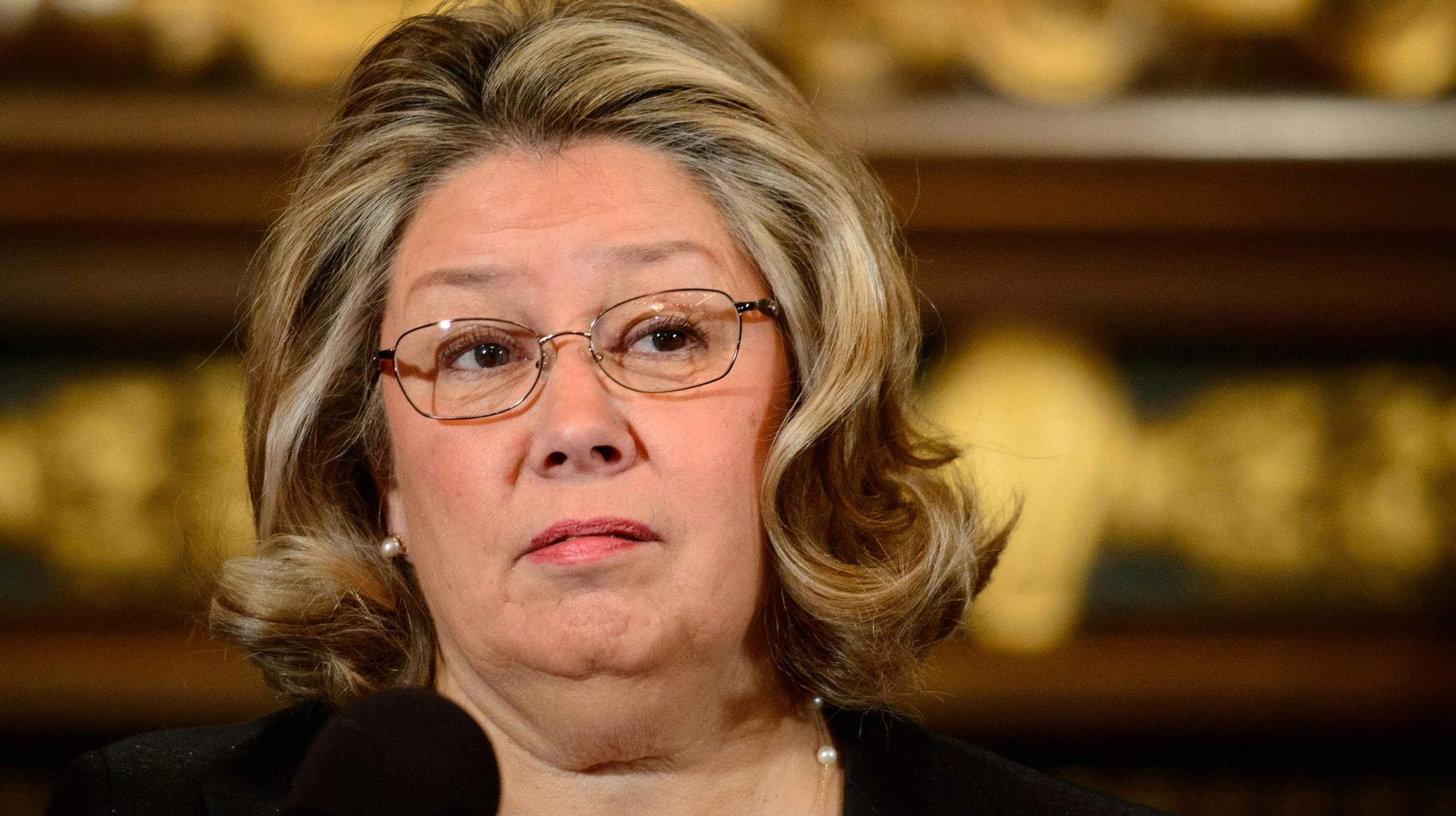 Lt. Gov. Yvonne Prettner Solon responds to a reporters question after announcing she won't join Gov. Mark Dayton in his bid for a second term Tuesday, Jan. 14, 2014, in Minneapolis, Minn. (AP Photo/The Star Tribune, Glen Stubbe)