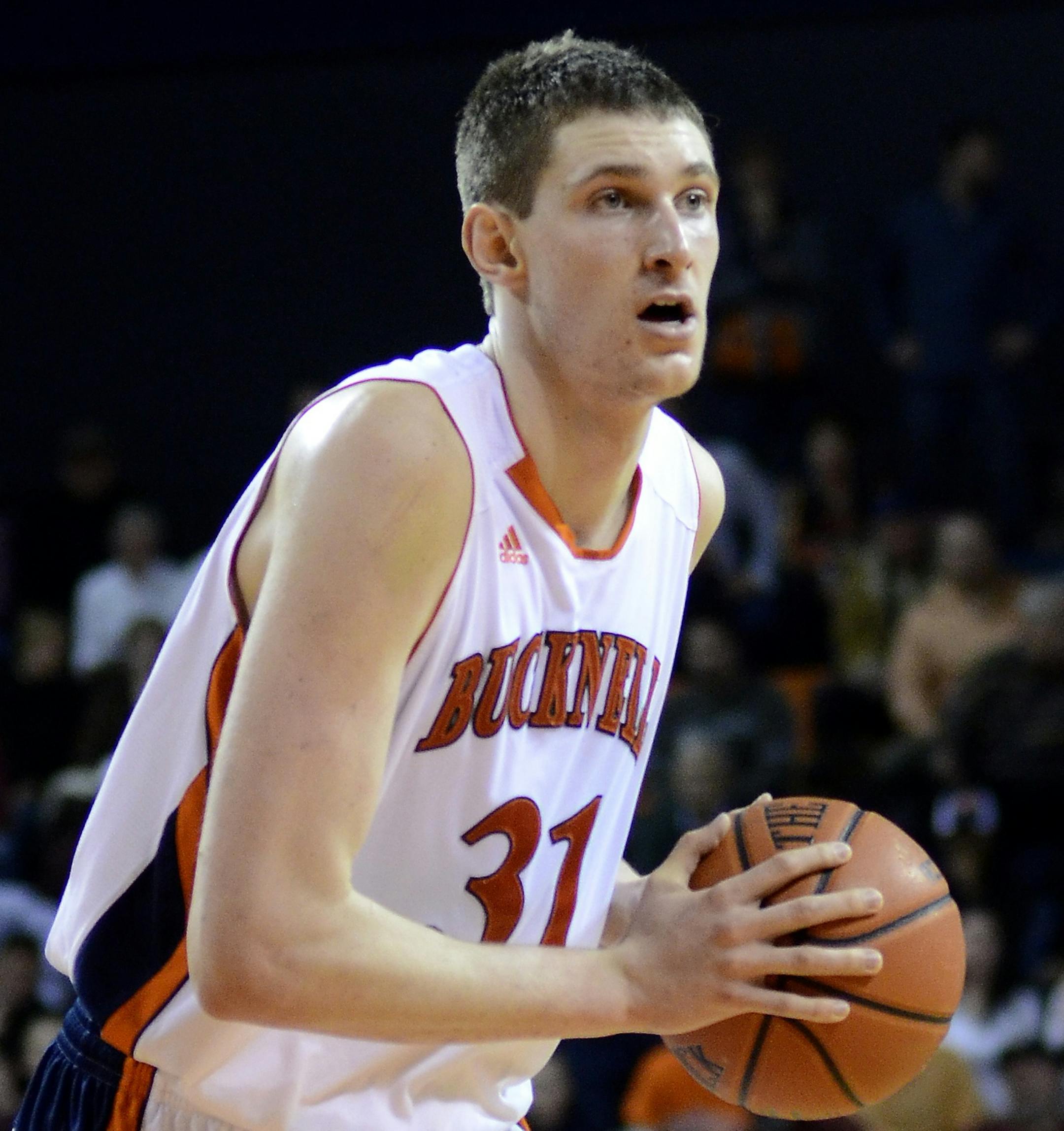 Bucknell's Mike Muscala looks to pass during the second half against Lafayette in an NCAA college basketball game for the Patriot League men's tournament title, Wednesday, March 13, 2013, in Lewisburg, Pa. Bucknell won 64-56. (AP Photo/Ralph Wilson) ORG XMIT: PARW113