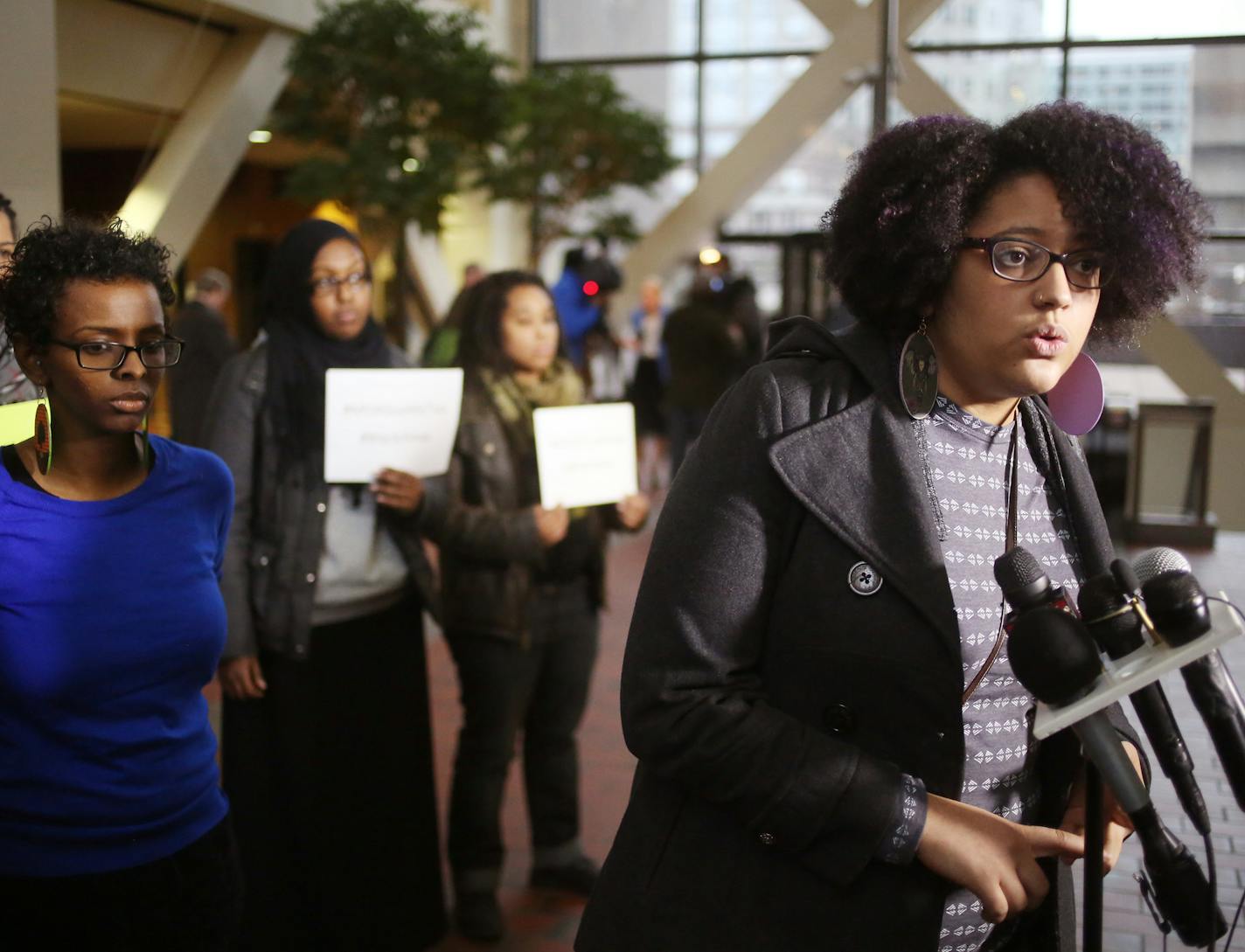 Kandace Montgomery of Black Lives Matter spoke with media after a hearing at the Hennepin County Government Center Monday, Dec. 21, in Minneapolis. Mall of America seeks restraining order against Black Lives Matter in an attempt to stop the protest planned for Wednesday. The order includes no tweeting, and an actual tweet telling people the rally has been cancelled.