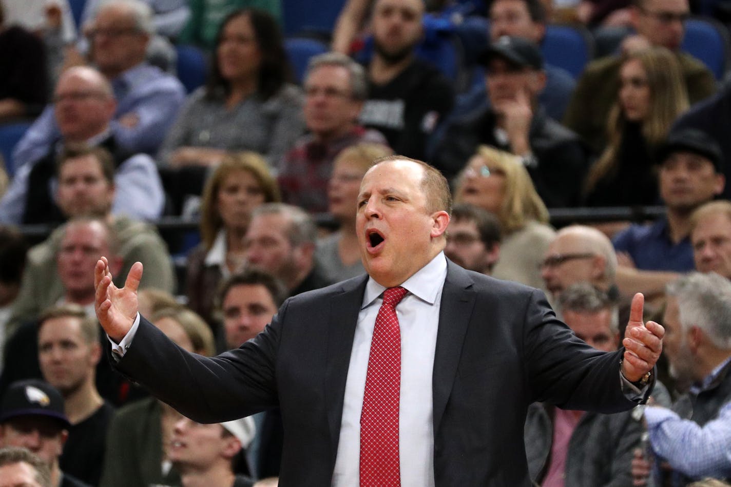 Minnesota Timberwolves head coach Tom Thibodeau reacted to a missed shot during the second half. ] ANTHONY SOUFFLE � anthony.souffle@startribune.com Game action from an NBA game between the Minnesota Timberwolves and the New Orleans Pelicans Friday, Feb. 10, 2017 at the Target Center in Minneapolis.