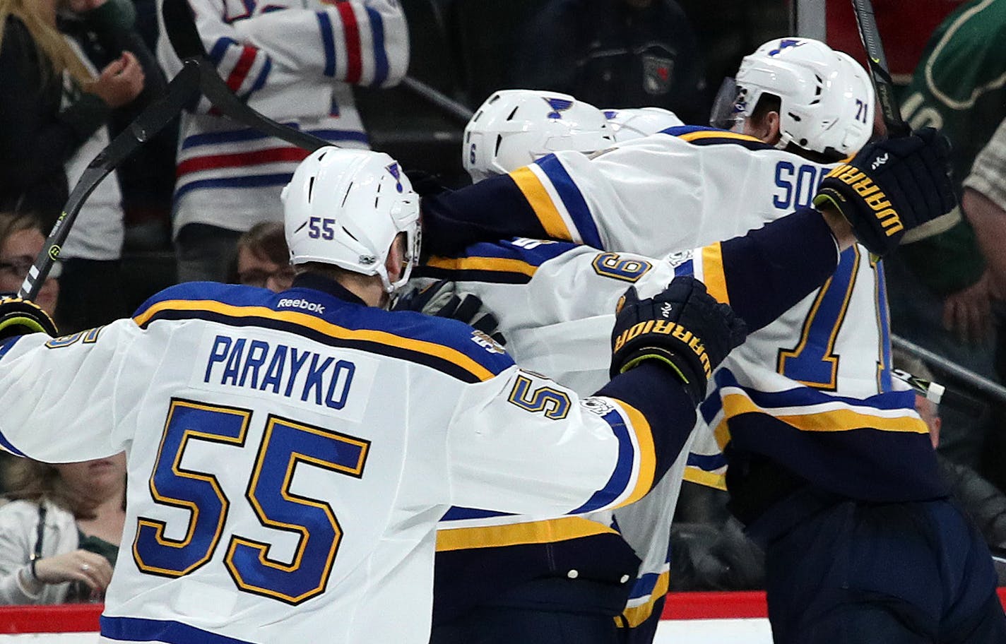 St. Louis Blues players celebrated the win in overtime. ] ANTHONY SOUFFLE &#xef; anthony.souffle@startribune.com Game action from a National Hockey League (NHL) playoff game 5 between the Minnesota Wild and the St. Louis Blues Saturday, April 22, 2017 at the Xcel Energy Center in St. Paul, Minn.