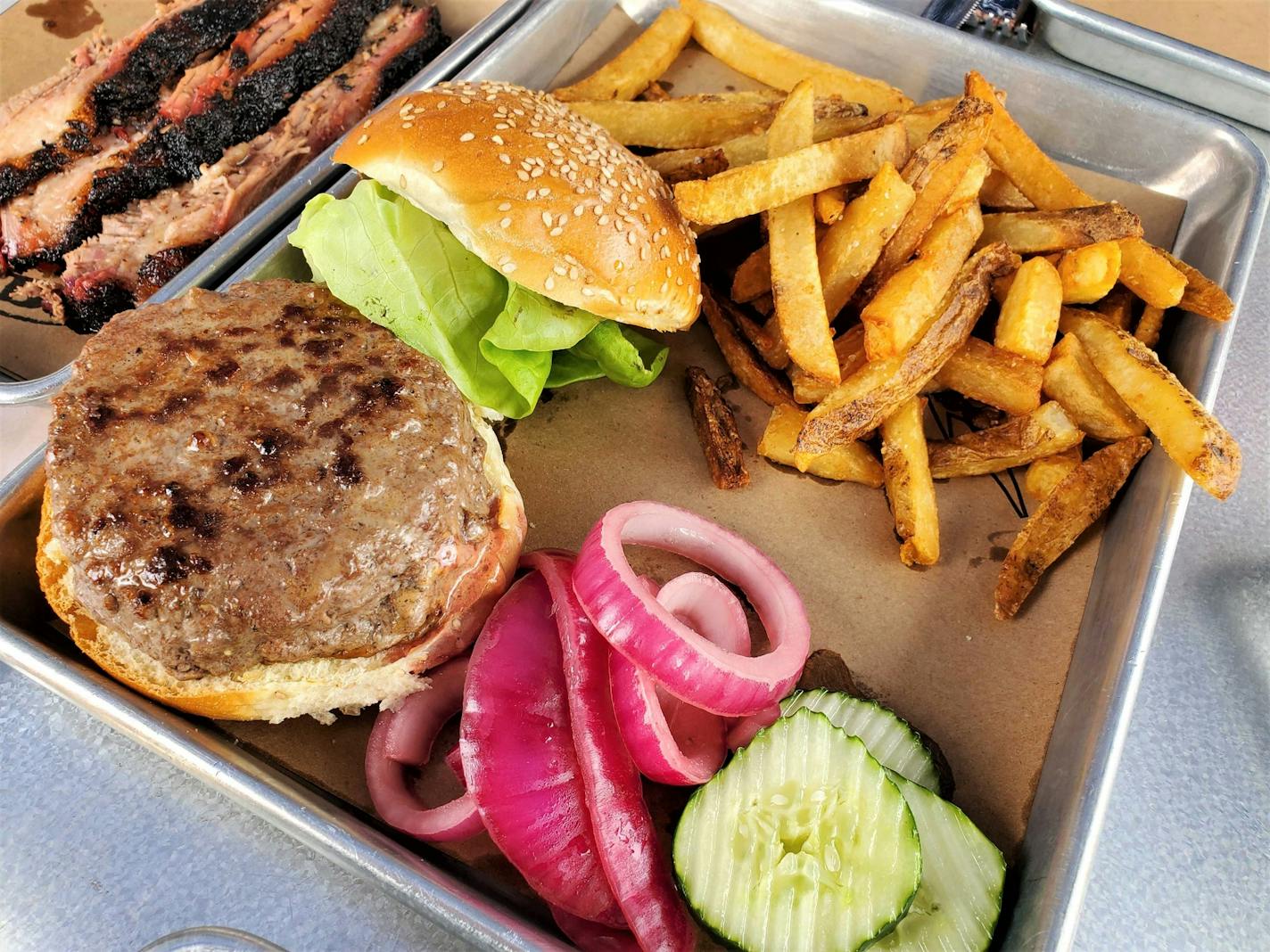 Juicy Lucy, fries and brisket from Juicy Lucy BBQ in Staten Island, NY