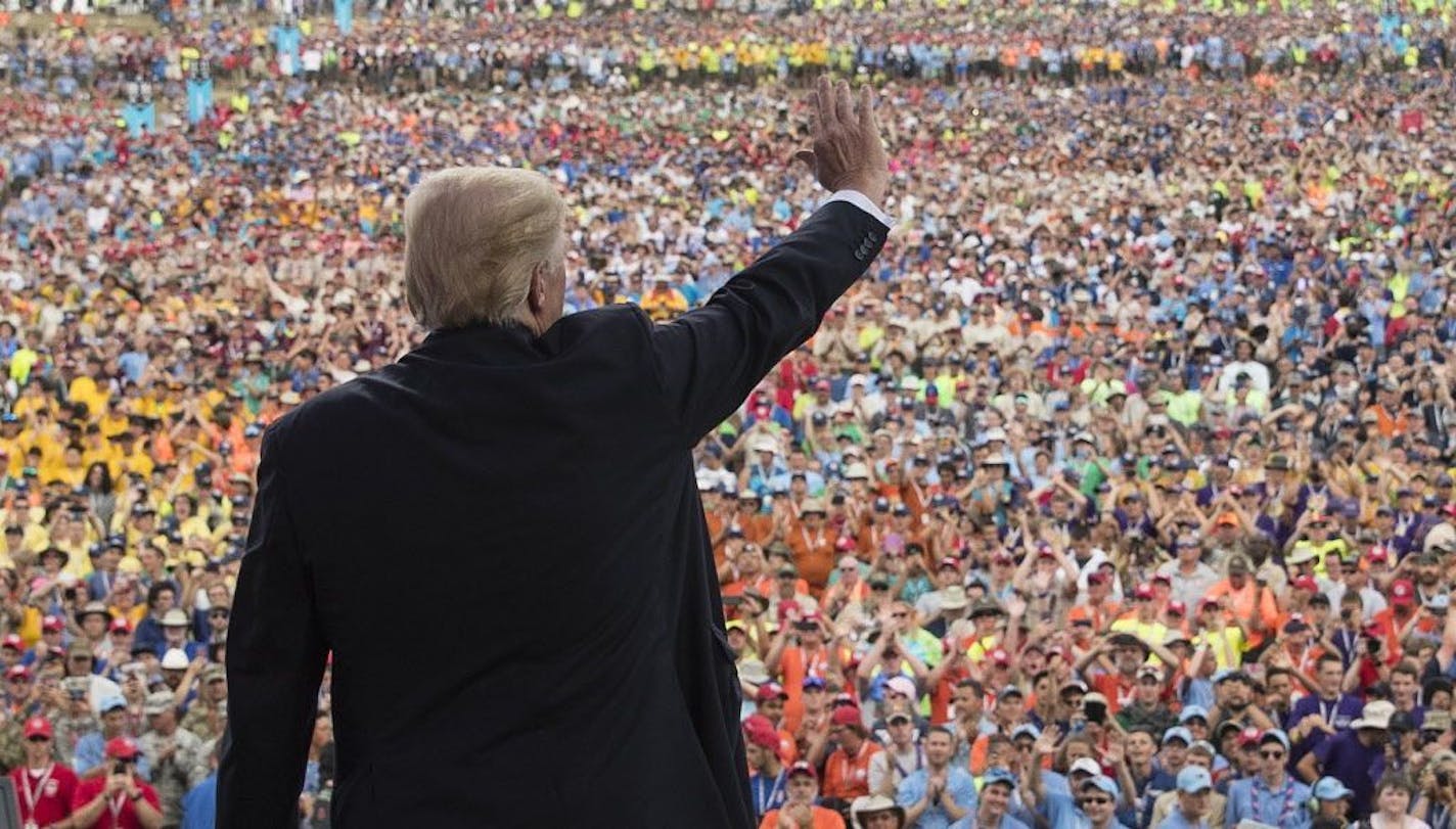 President Donald Trump waves to the crowd after speaking at the 2017 National Scout Jamboree in Glen Jean, W.Va., Monday, July 24, 2017.