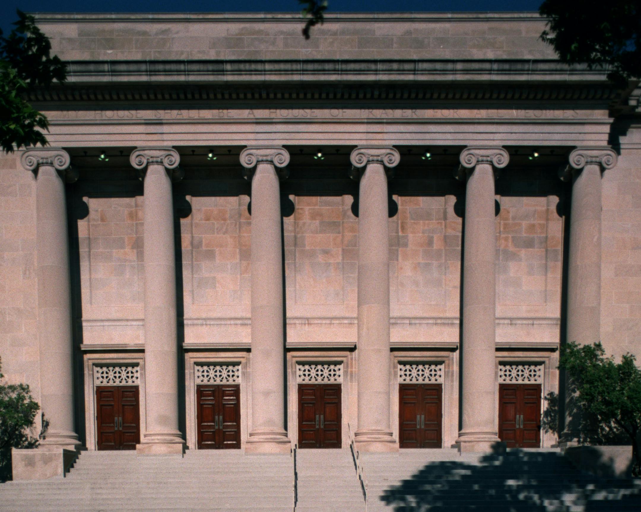 Classic front entrances, like the one at Temple Israel, have fallen out of favor.